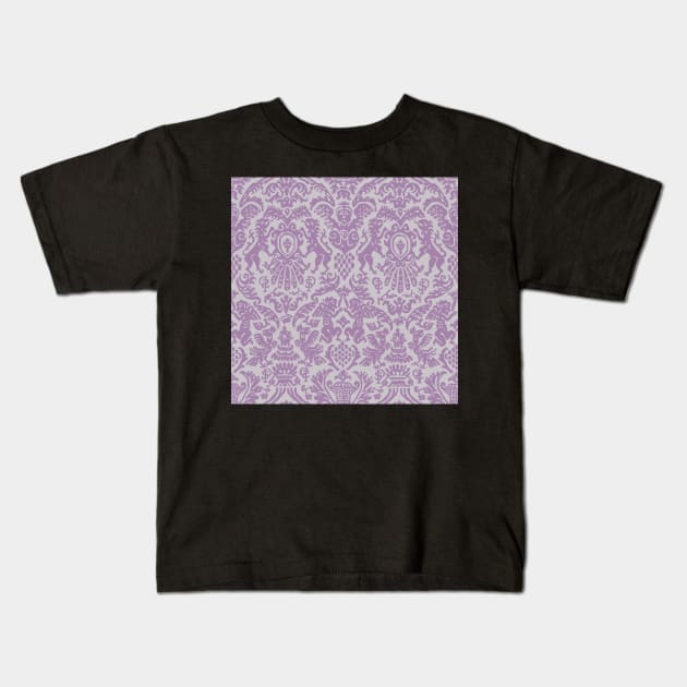 Lavender and Dusty Gray Weird Medieval Lions, Cherubs, and Skulls Scrollwork Damask Kids T-Shirt by JamieWetzel